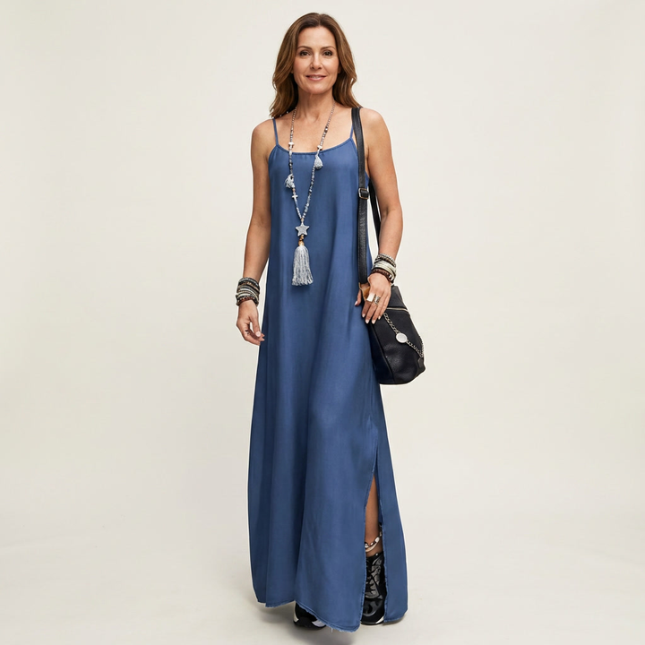 Azure | Maxi Denim Jurk met Zijsplit