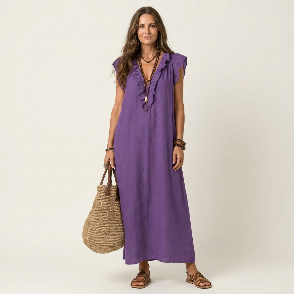 Anouk | Ruffle V-Hals Linnen Maxi Jurk