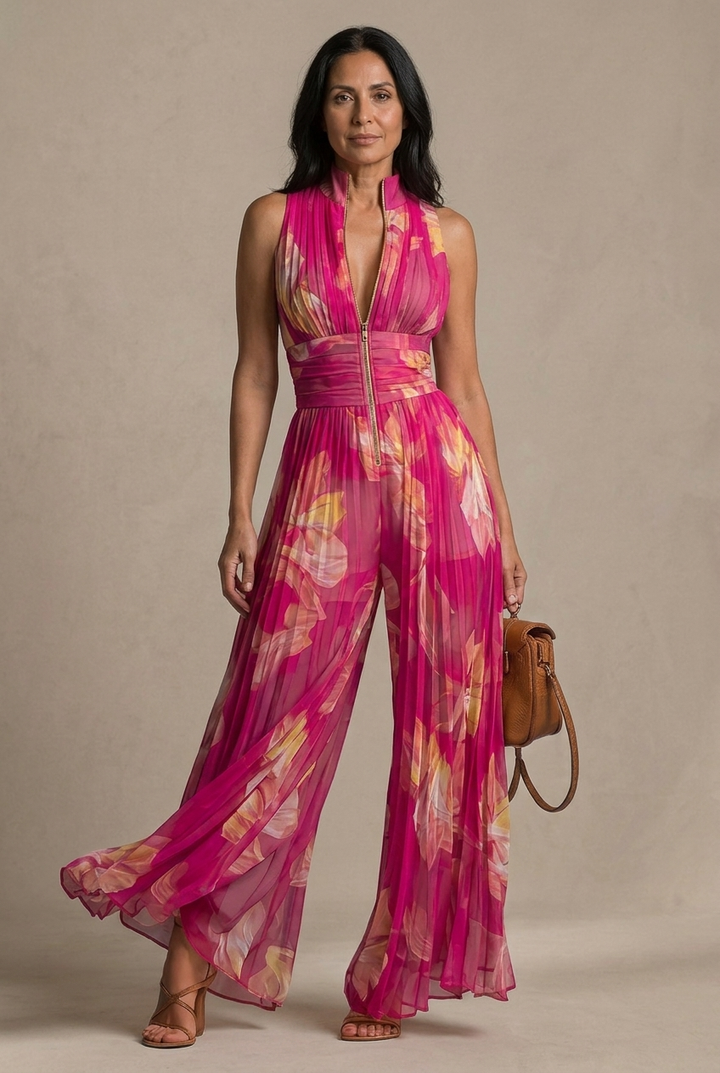 Nicole | Plissé jumpsuit met fuchsia bloemenprint
