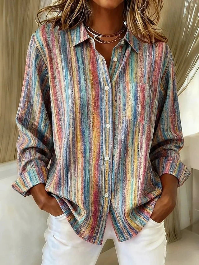 Harlowe™ | Vintage Veelkleurige Gestreepte Blouse met Knopen