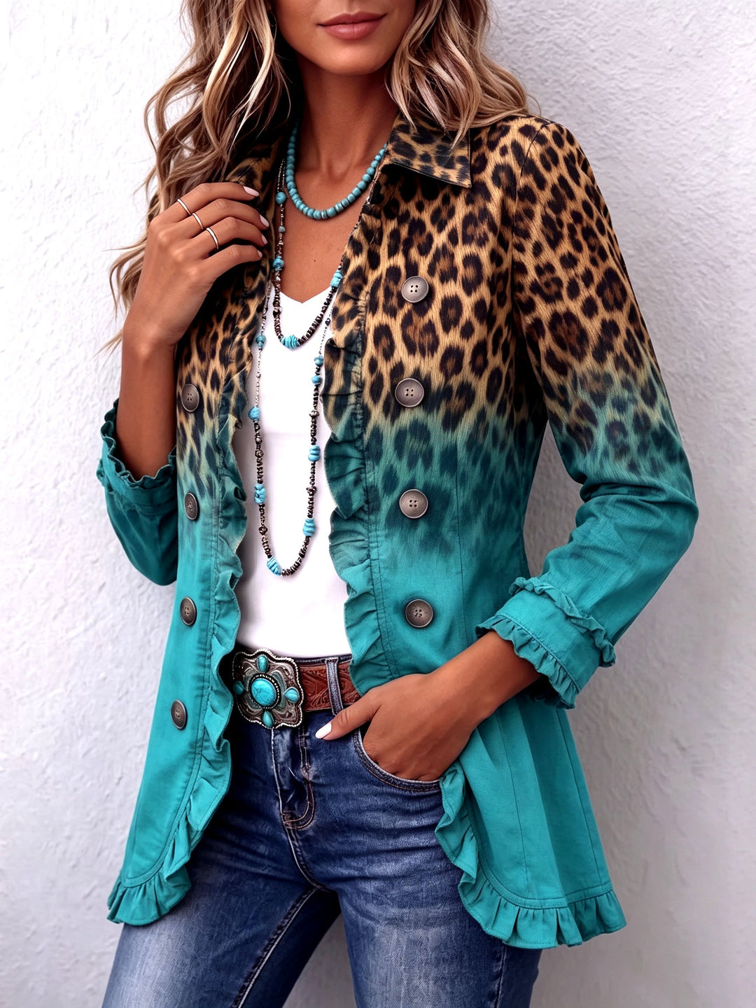 Cassandre | Blazer met kleurverloop, luipaardpatroon en ruches
