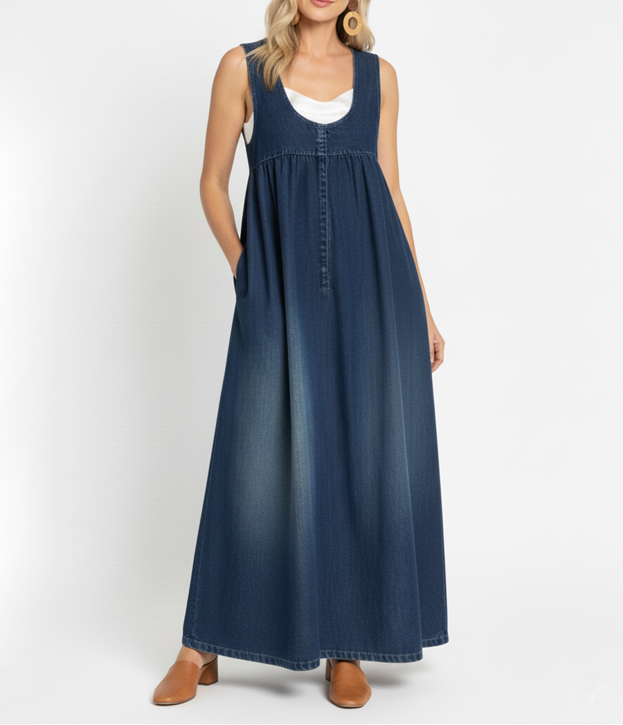 Karen | Lange Vintage Gewassen Denim Jurk met Een Vleugje Zachte Katoen