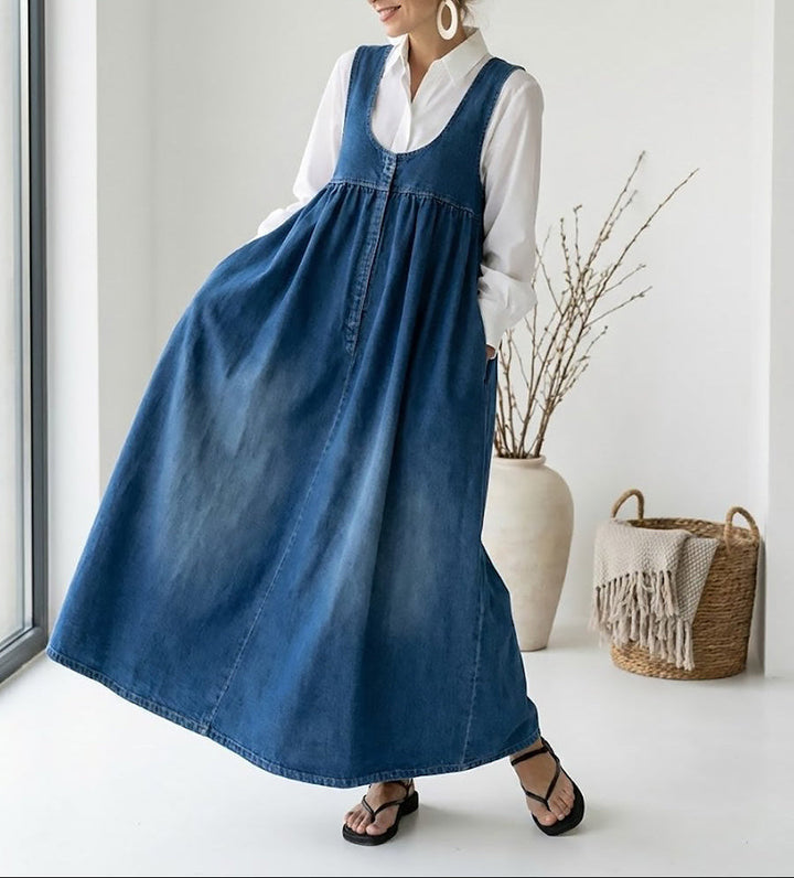 Karen | Lange Vintage Gewassen Denim Jurk met Een Vleugje Zachte Katoen
