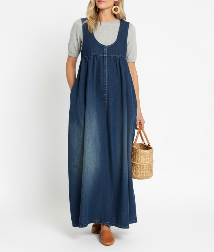 Karen | Lange Vintage Gewassen Denim Jurk met Een Vleugje Zachte Katoen
