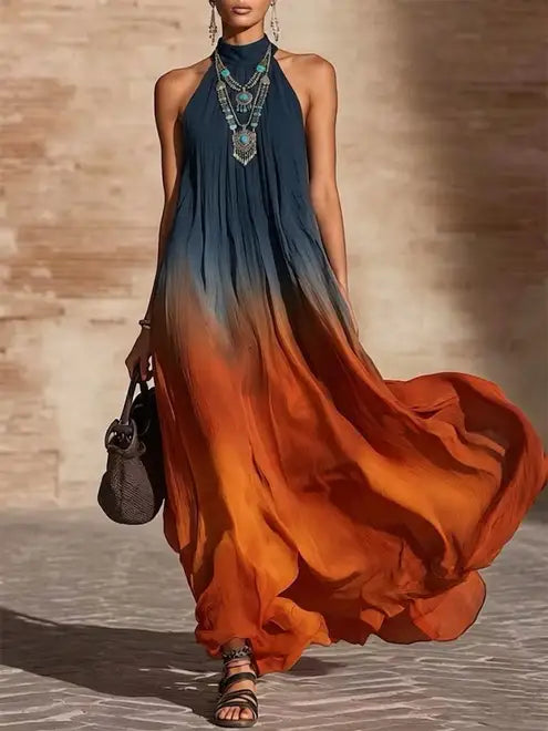 Paula | Lange halter/V jurk met ombre