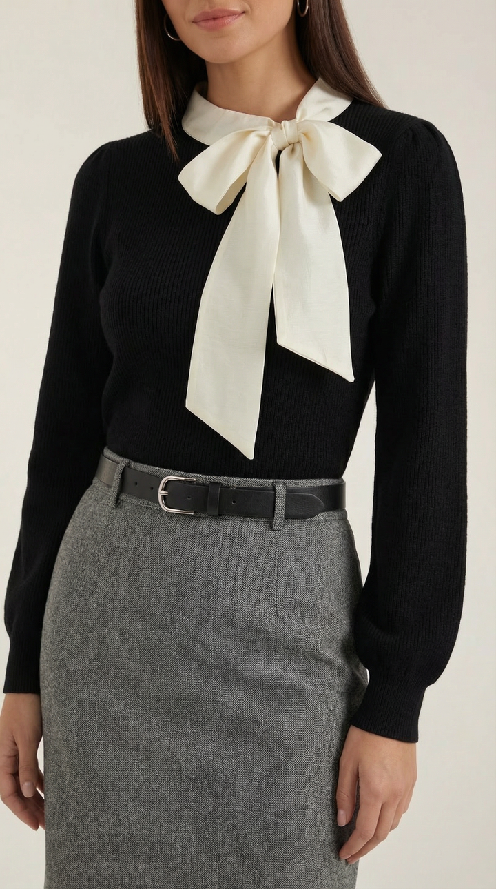 Jacqueline Ribgebreide Trui met Decoratieve Strik