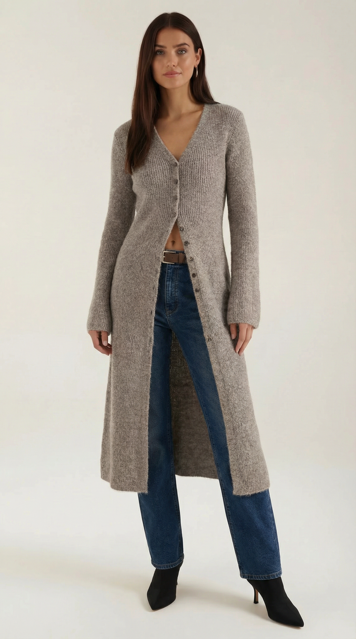 'Valerie' Maxi Gebreide Cardigan met V-hals